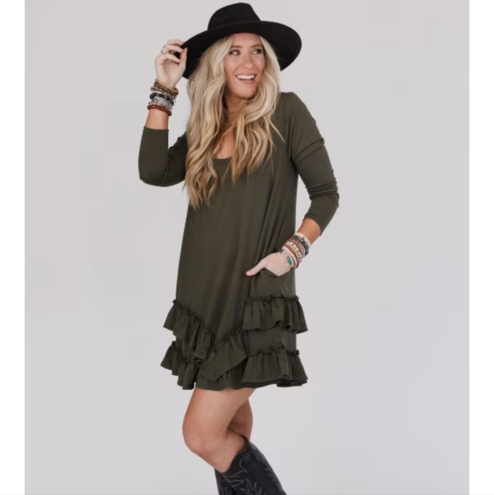 TBN Constance Ruffle Hem Long Sleeve Dress in olive NWT